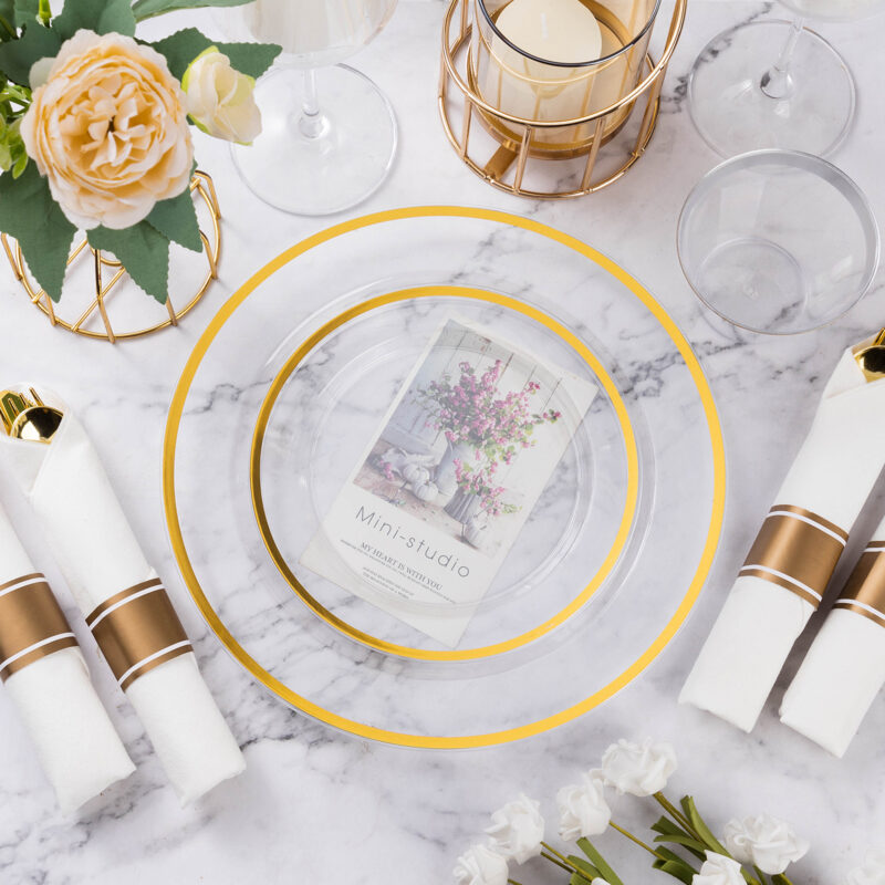 Disposable Clear and Gold Plastic Dinnerware Sets with Napkins2