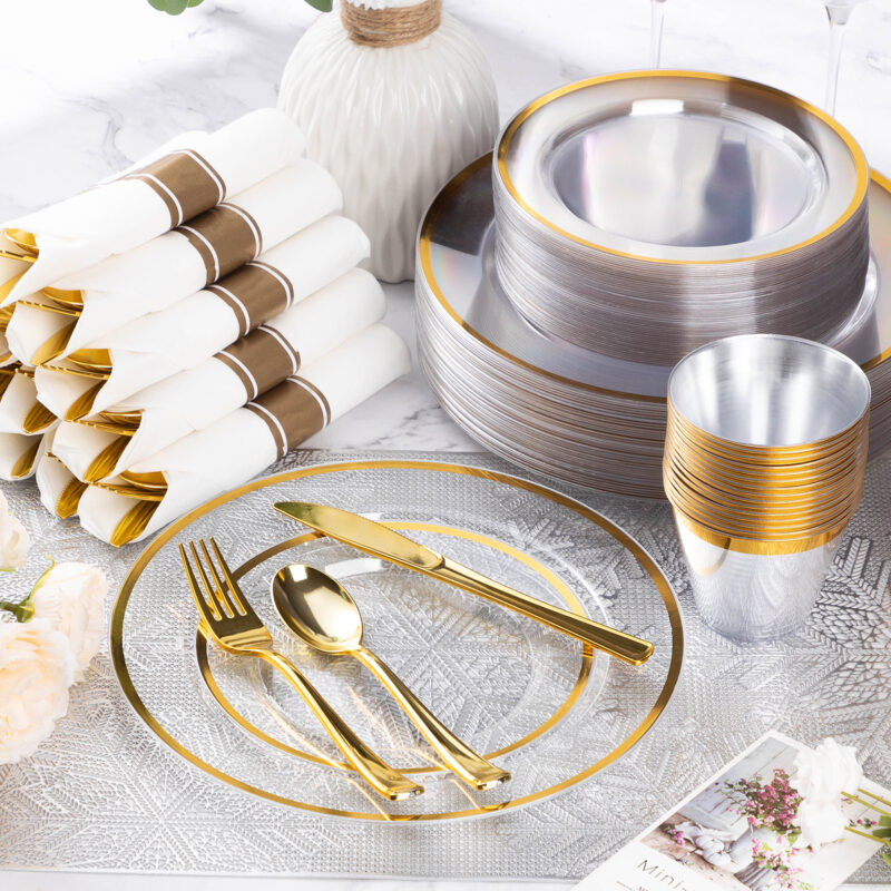 Disposable Clear and Gold Plastic Dinnerware Sets with Napkins3