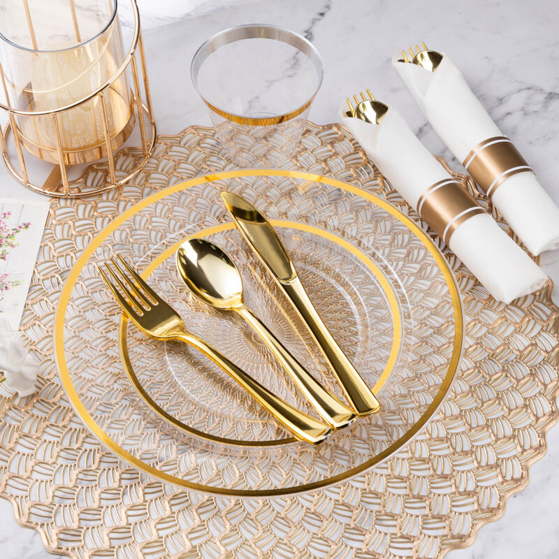 Disposable Clear and Gold Plastic Dinnerware Sets with Napkins4
