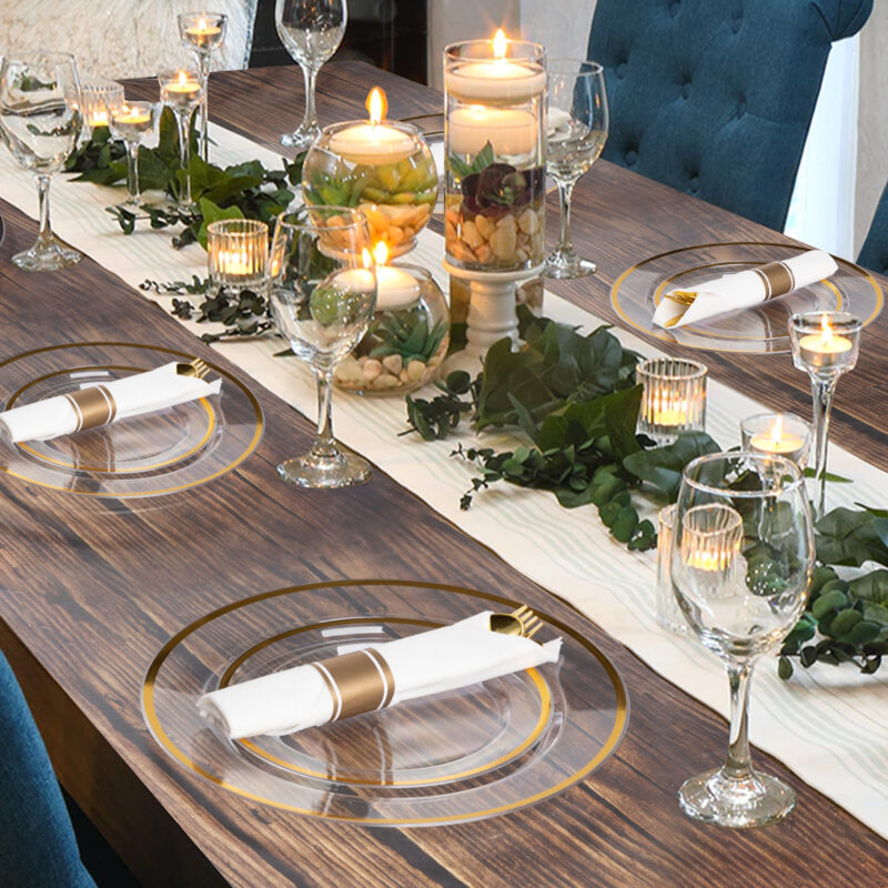 Disposable Clear and Gold Plastic Dinnerware Sets with Napkins5