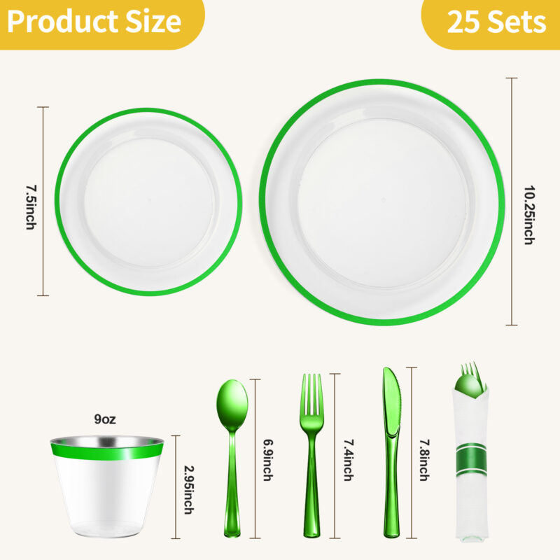 Disposable Clear and Green Plastic Dinnerware Sets with Napkins 1