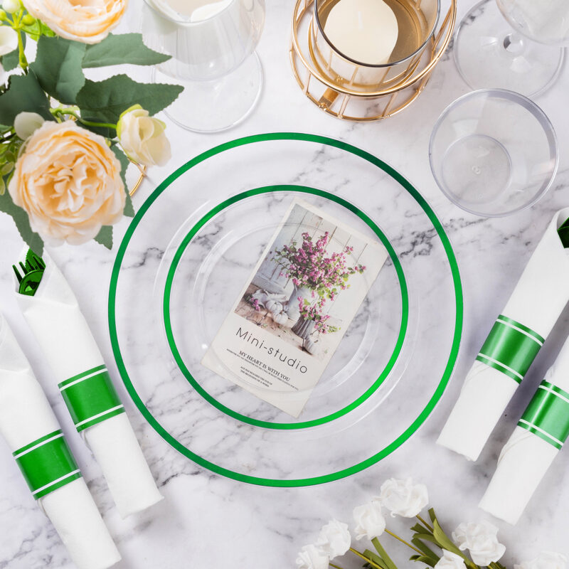 Disposable Clear and Green Plastic Dinnerware Sets with Napkins 2