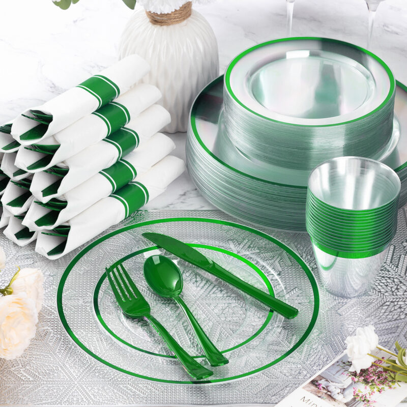 Disposable Clear and Green Plastic Dinnerware Sets with Napkins 3