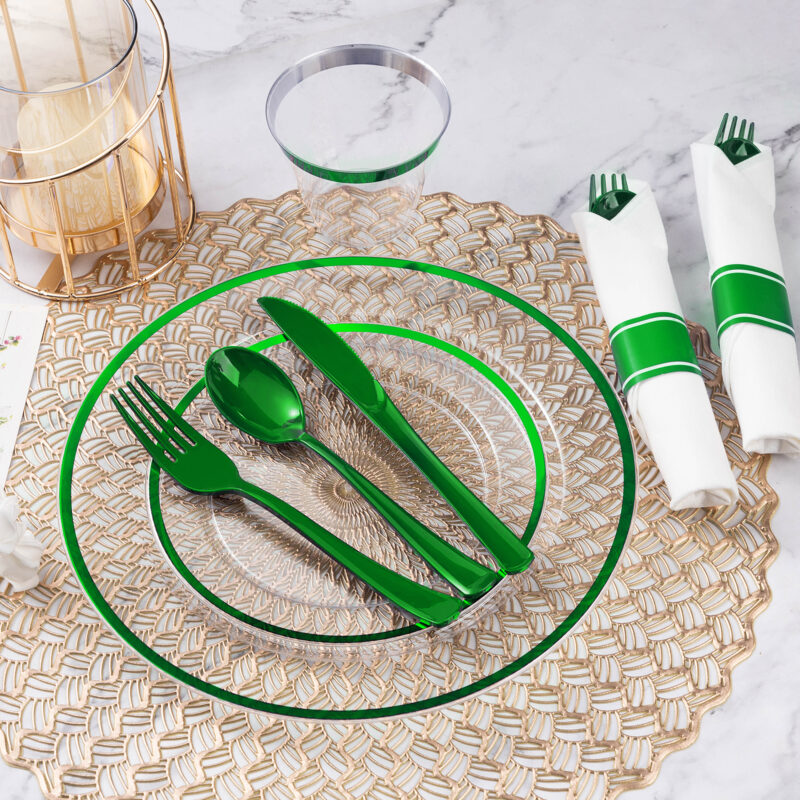 Disposable Clear and Green Plastic Dinnerware Sets with Napkins 4