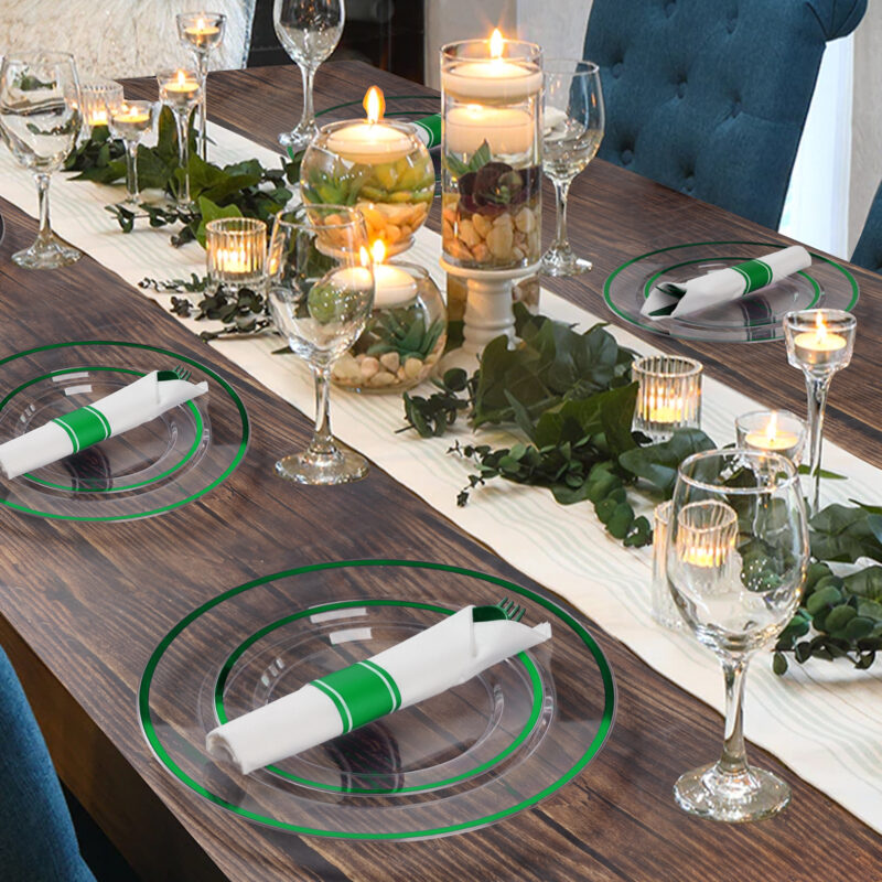 Disposable Clear and Green Plastic Dinnerware Sets with Napkins 5