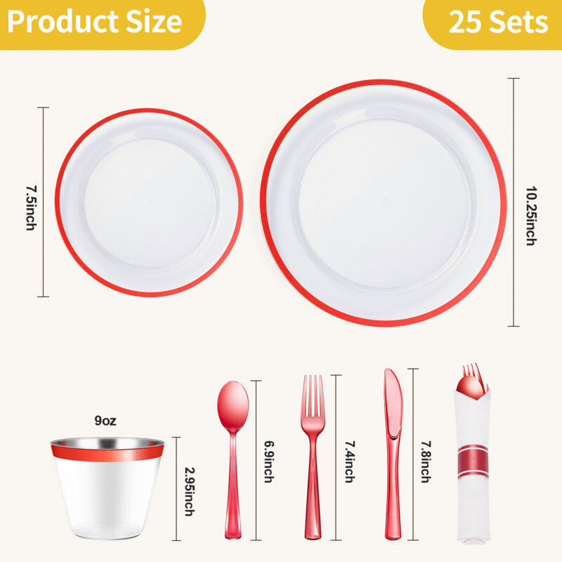 Disposable Clear and Red Plastic Dinnerware Sets with Napkins1