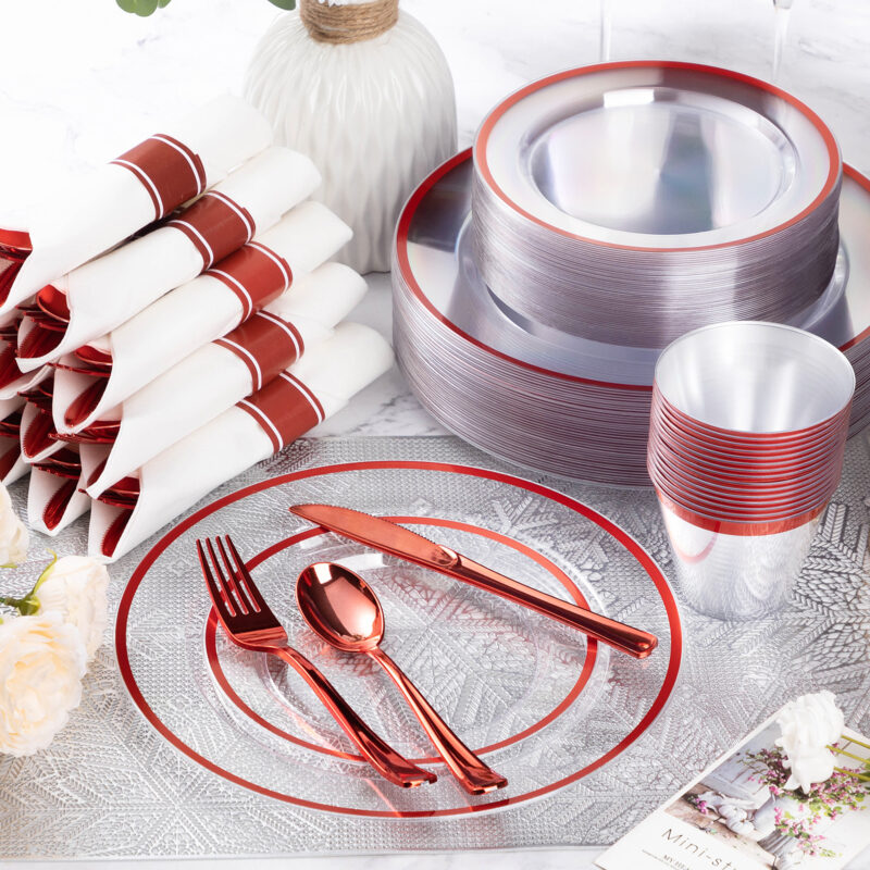 Disposable Clear and Red Plastic Dinnerware Sets with Napkins3