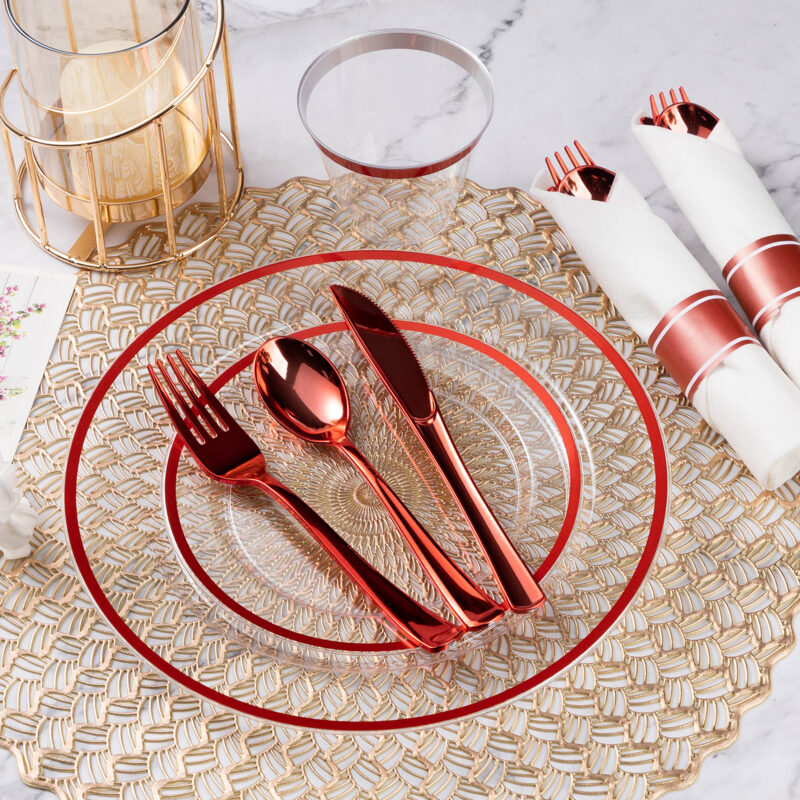Disposable Clear and Red Plastic Dinnerware Sets with Napkins4