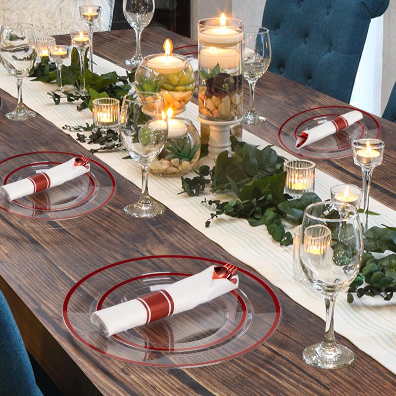 Disposable Clear and Red Plastic Dinnerware Sets with Napkins5