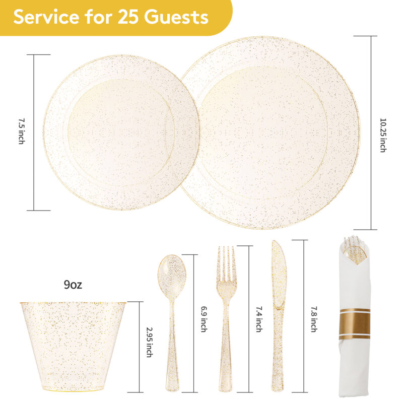 Disposable Gold Glitter Plastic Dinnerware Sets with Rolled Napkins 1