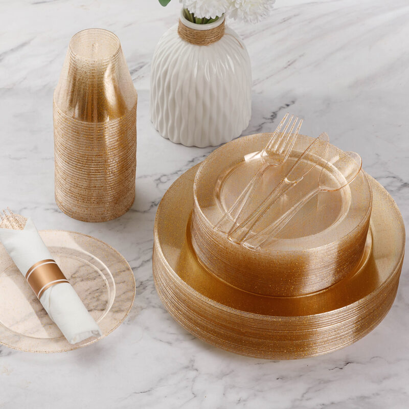 Disposable Gold Glitter Plastic Dinnerware Sets with Rolled Napkins 2