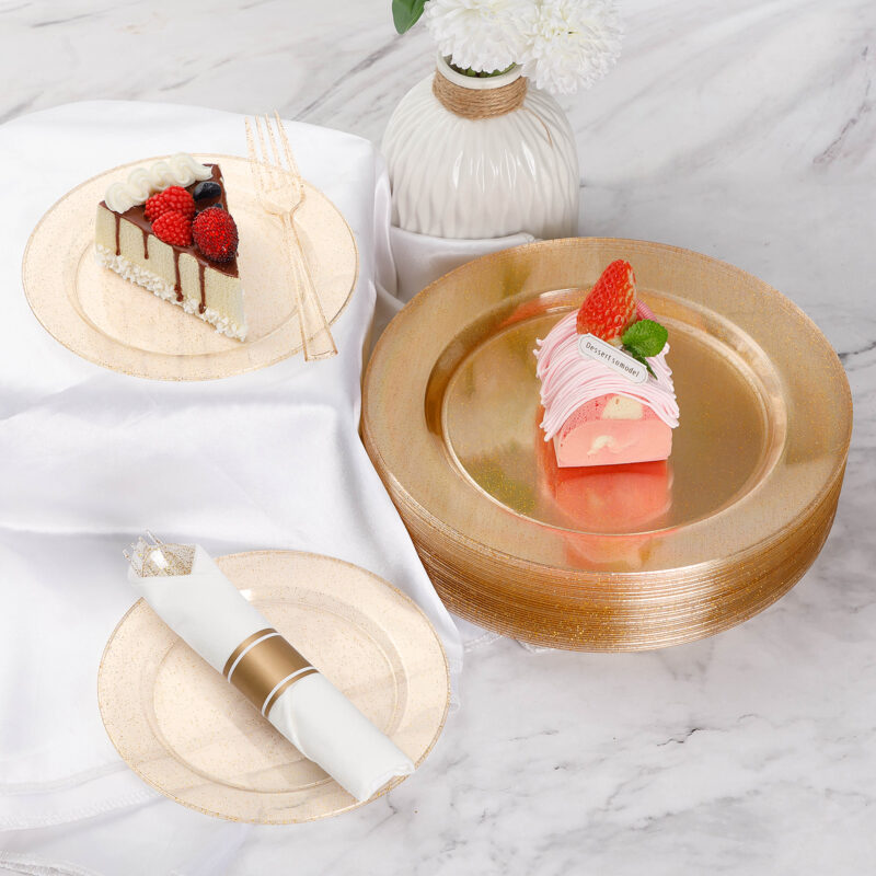 Disposable Gold Glitter Plastic Dinnerware Sets with Rolled Napkins 3