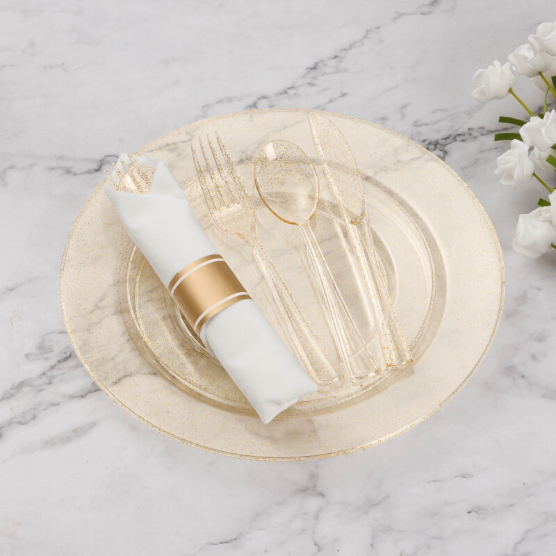 Disposable Gold Glitter Plastic Dinnerware Sets with Rolled Napkins 4