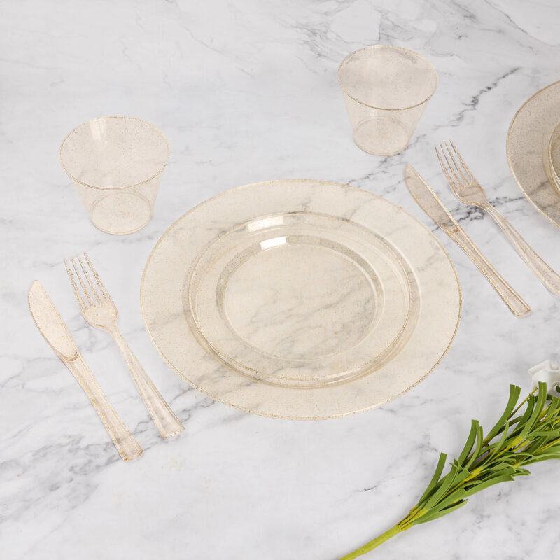 10.25"& 7.5" Gold Glitter Plastic Dinnerware Sets with Rolled Napkins - Imagen 6
