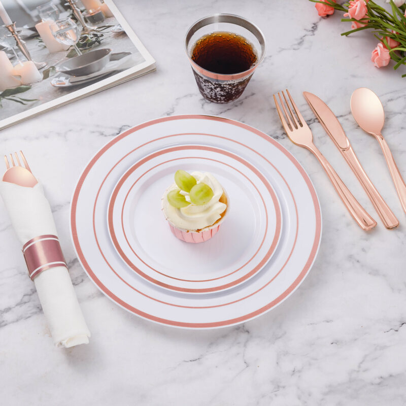 Disposable Rose Gold Plastic Dinnerware Sets with Rolled Napkins2
