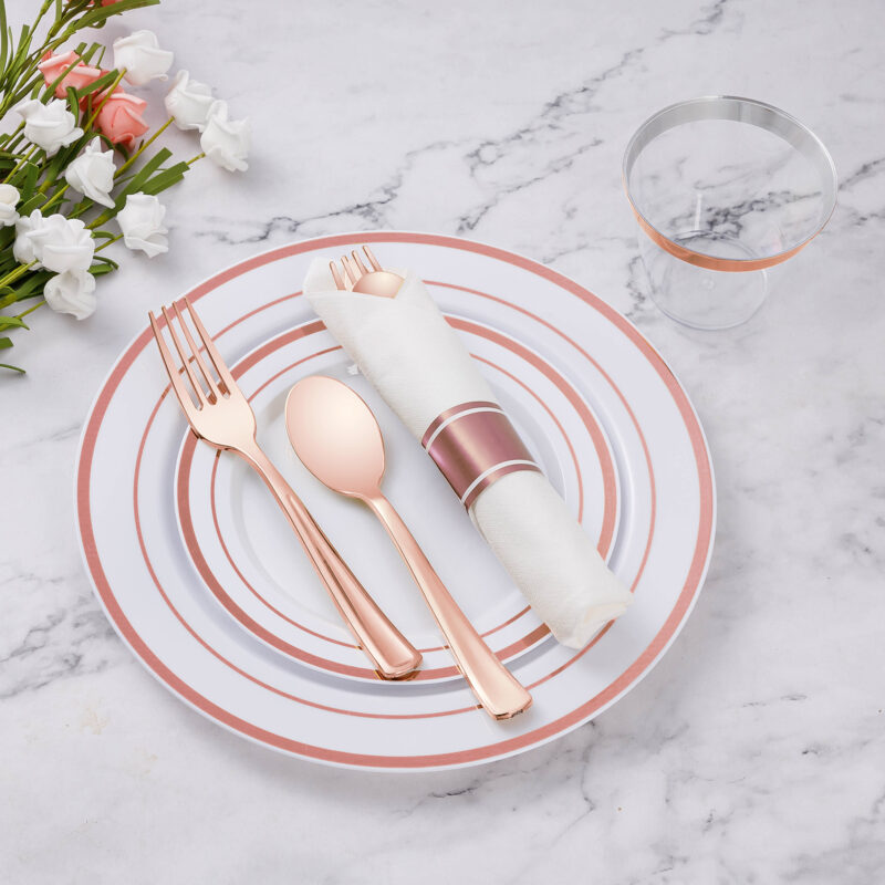 Disposable Rose Gold Plastic Dinnerware Sets with Rolled Napkins5