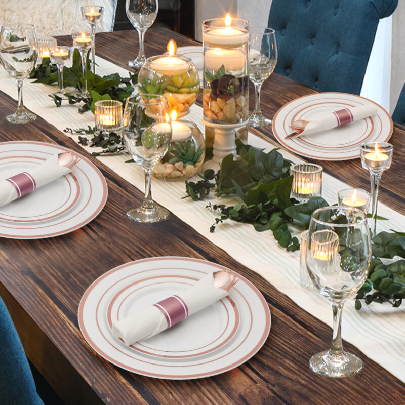10.25"& 7.5" Rose Gold Plastic Dinnerware Sets with Rolled Napkins - Image 8