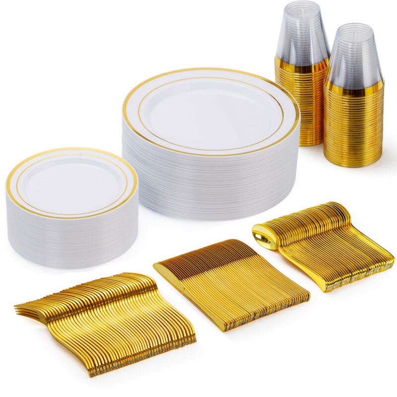 10.25"& 7.5" White Gold Plastic Dinnerware Sets