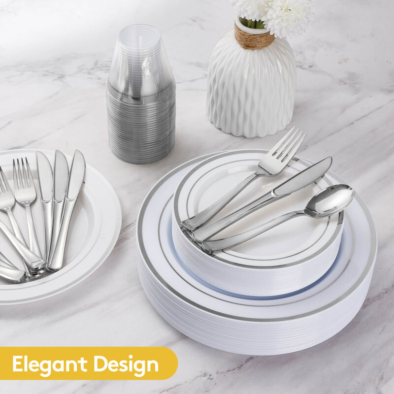 Disposable White Silver Plastic Dinnerware Sets2