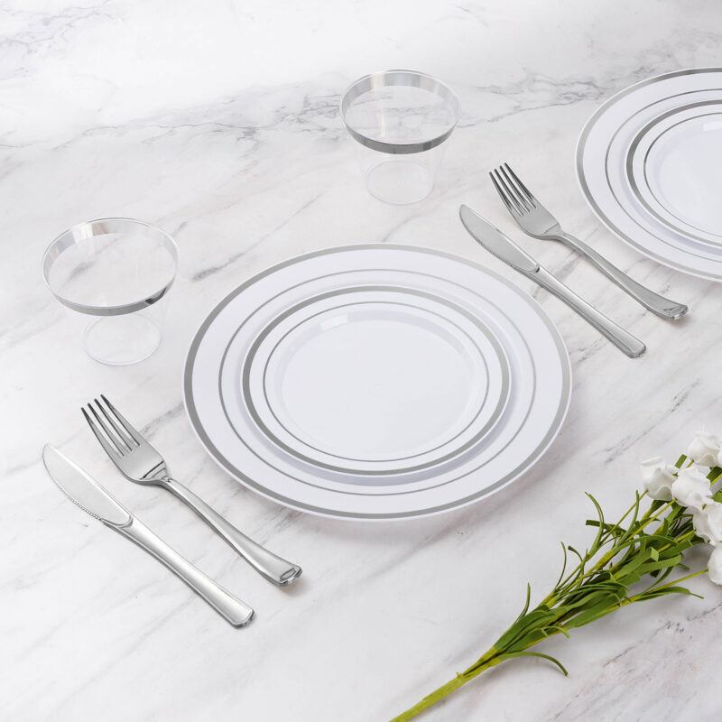 Disposable White Silver Plastic Dinnerware Sets4