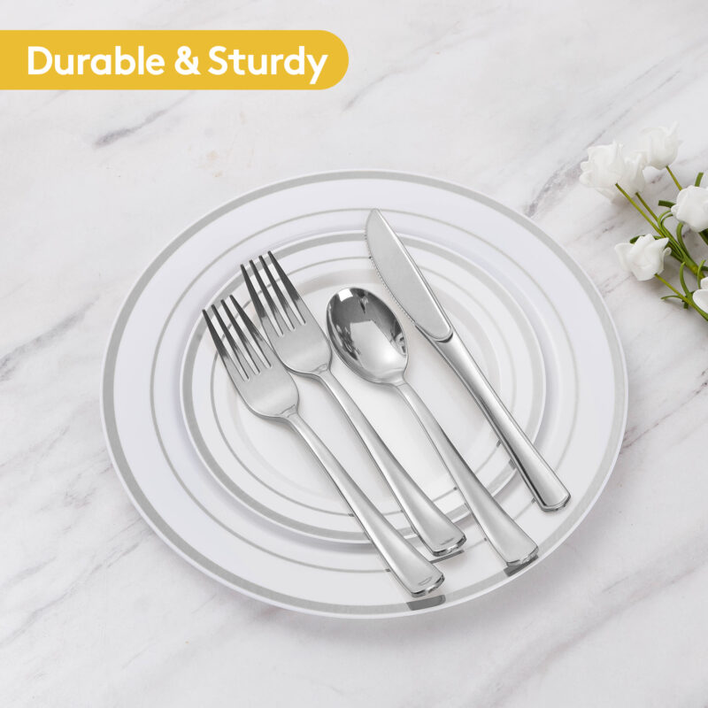 10.25"& 7.5" White Silver Plastic Dinnerware Sets - Image 6