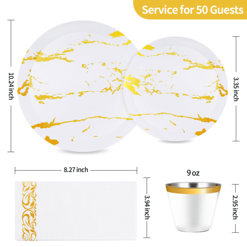 Disposable White and Gold Marble Plastic Dinnerware Sets 1