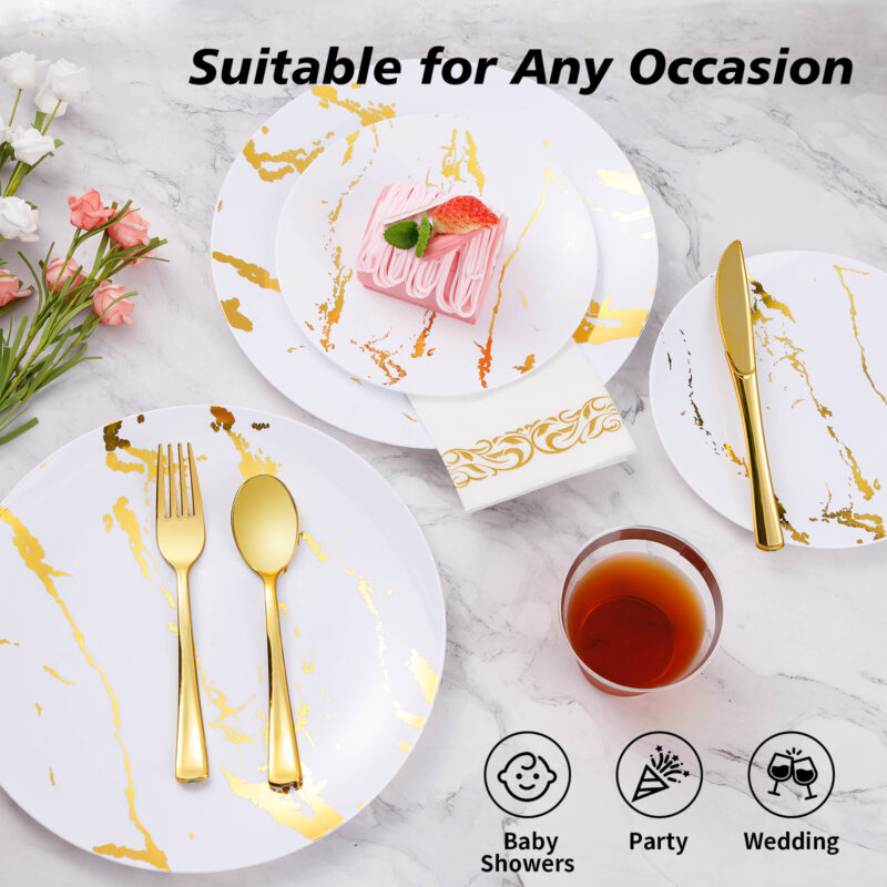 Disposable White and Gold Marble Plastic Dinnerware Sets 3