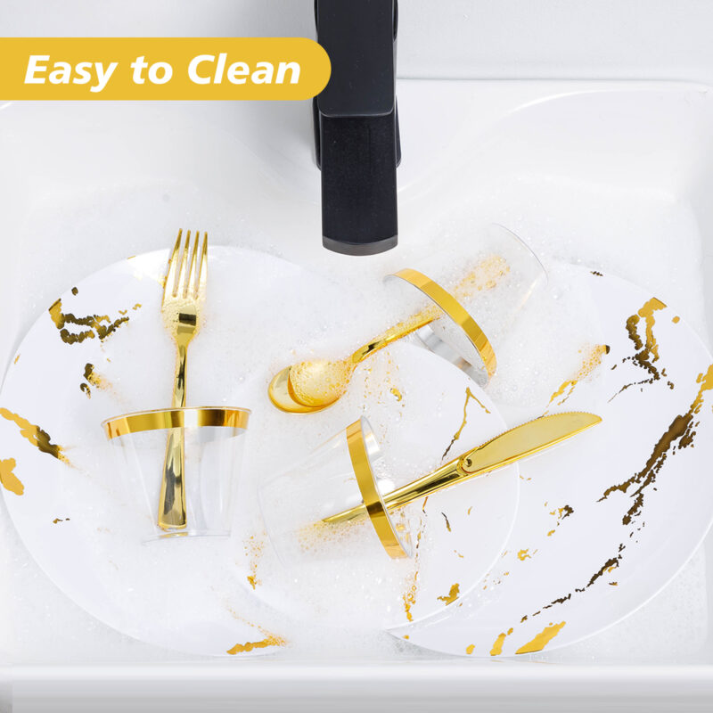 Disposable White and Gold Marble Plastic Dinnerware Sets 4