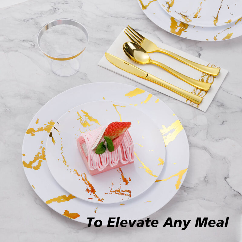 Disposable White and Gold Marble Plastic Dinnerware Sets 5