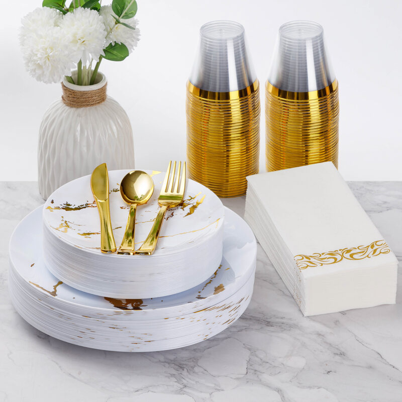 Disposable White and Gold Marble Plastic Dinnerware Sets 6