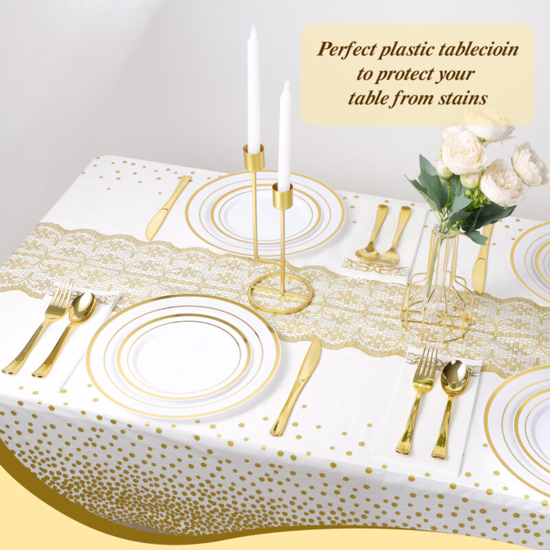 Goodluck 54 Inch X 100 Feet White Gold Dot Plastic Table Cloths with Cutter Box2