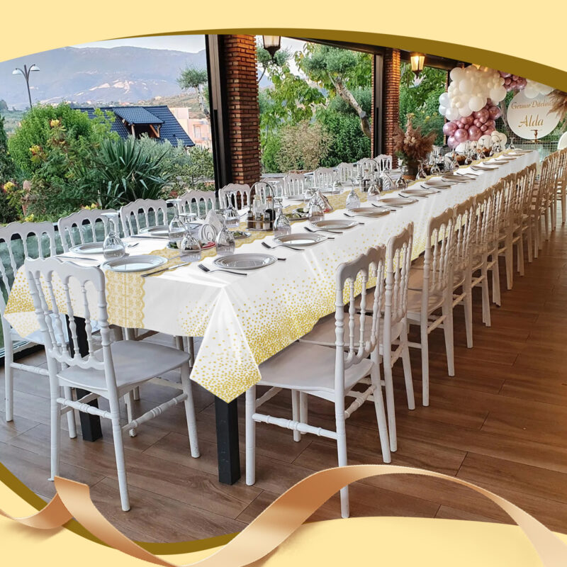 Goodluck 54 Inch X 100 Feet White Gold Dot Plastic Table Cloths