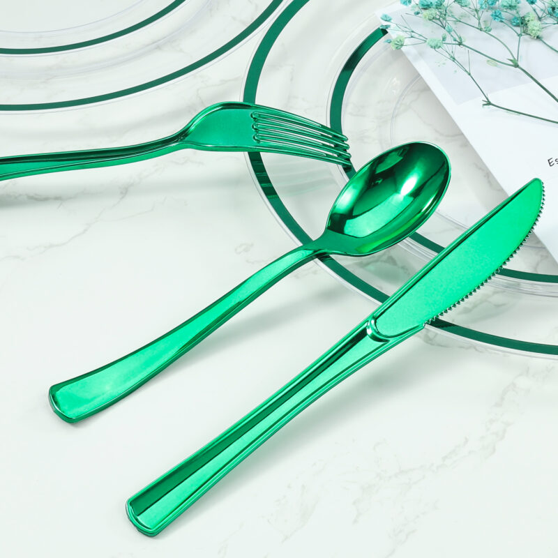 Green Rolled Plastic Cutlery Sets 2