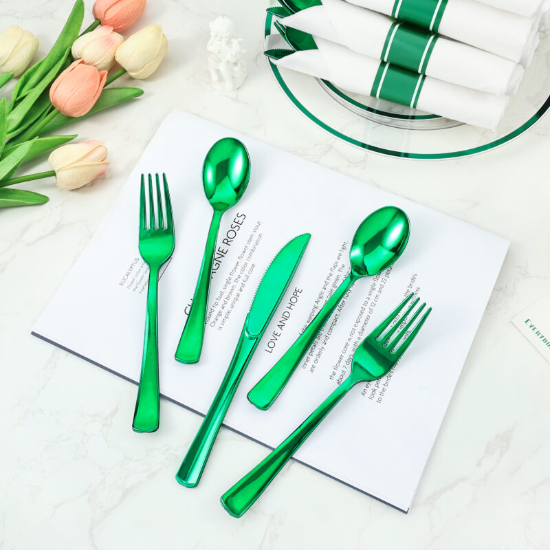 Green Rolled Plastic Cutlery Sets 4