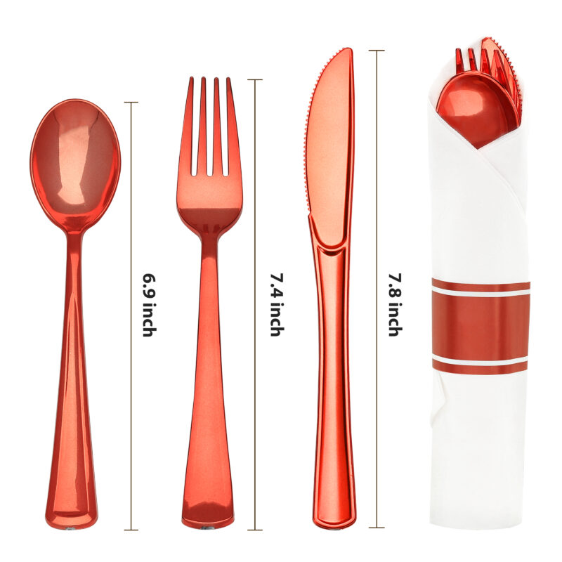 Red Rolled Plastic Cutlery Sets - Image 2