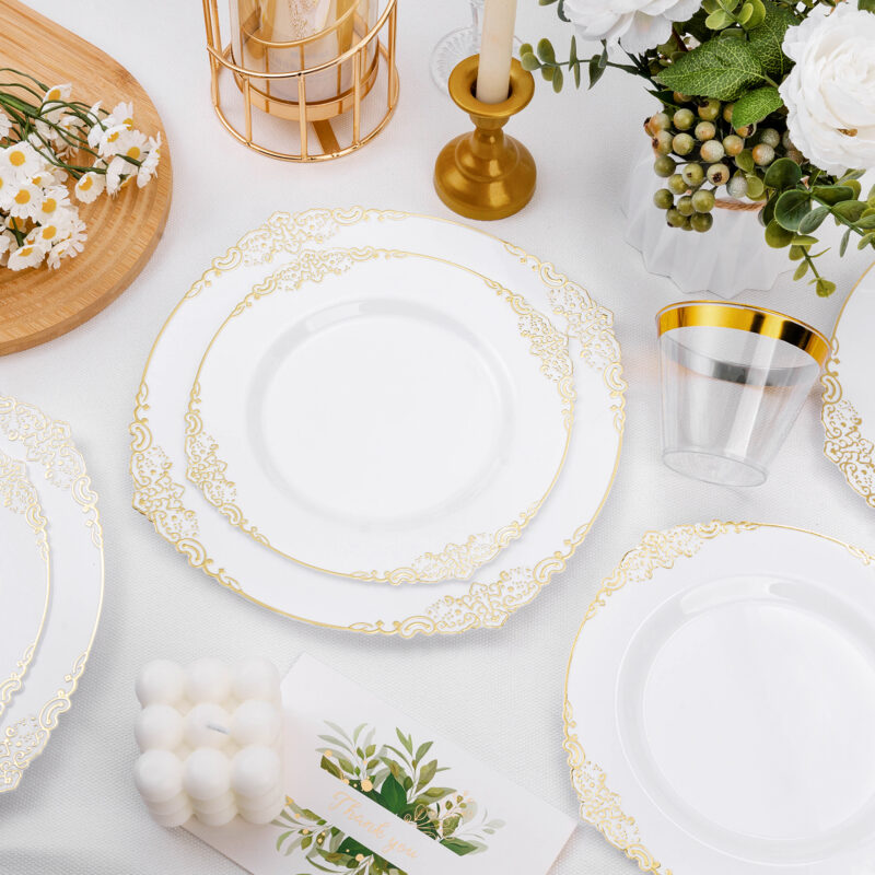 10.25"& 7.5" White Gold Retro Plates Sets 4