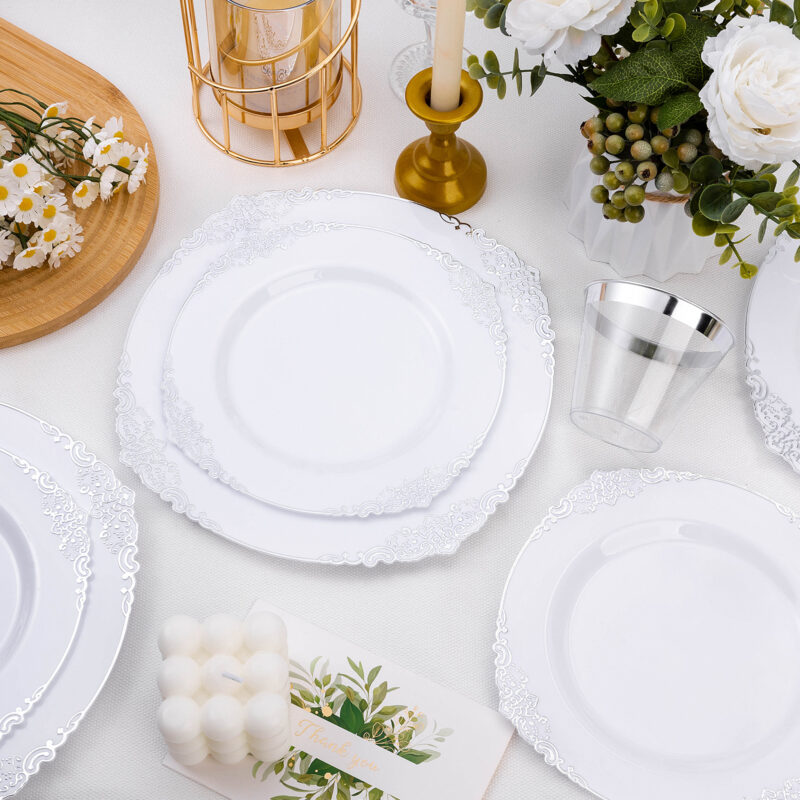 10.25& 7.5 White Silver Retro Plates Sets 4