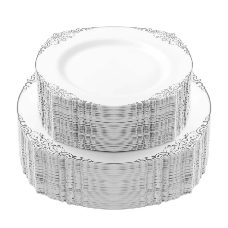10.25& 7.5 White Silver Retro Plates Sets