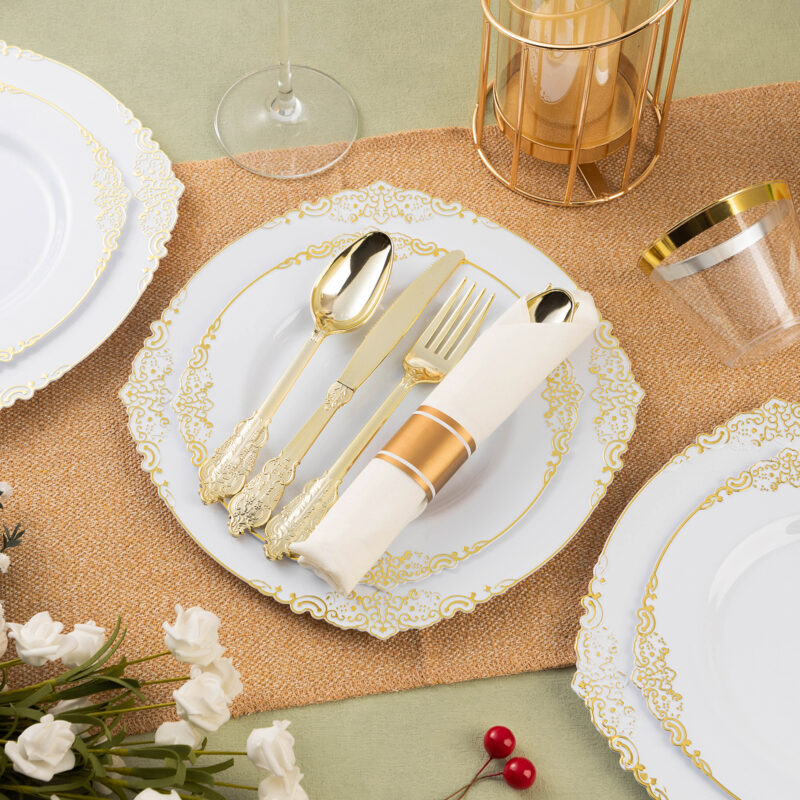 10.25&7.5 White Gold Retro Plastic Dinnerware Sets 2