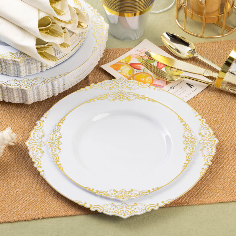 10.25&7.5 White Gold Retro Plastic Dinnerware Sets 3
