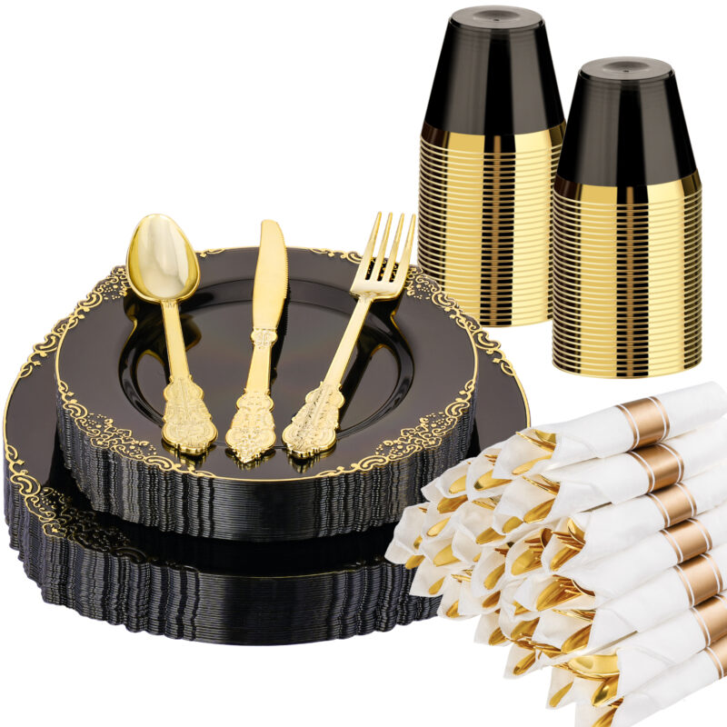Clear Black Rolled Plastic Dinnerware Set