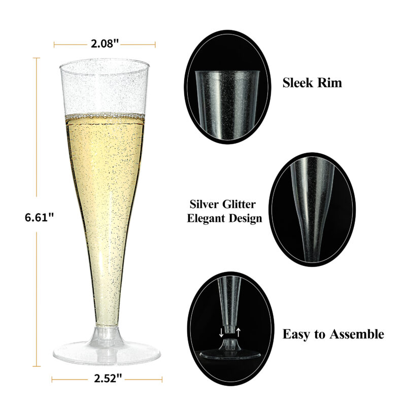 4.5oz Silver Glitter Plastic Champagne Flutes - Image 2