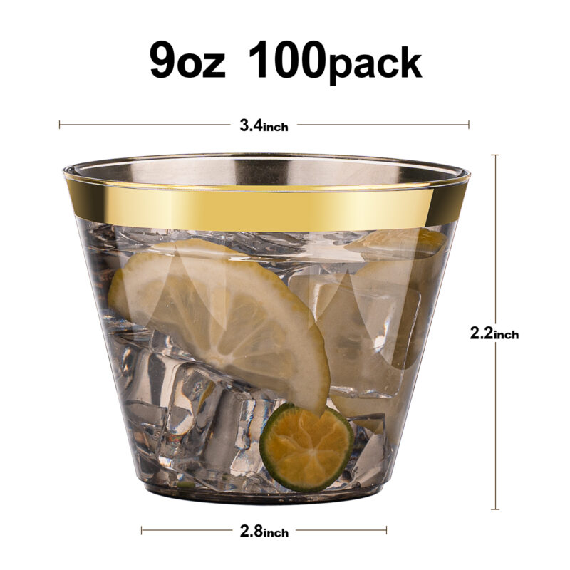 9oz Black Plastic Cups with Gold Rim 1