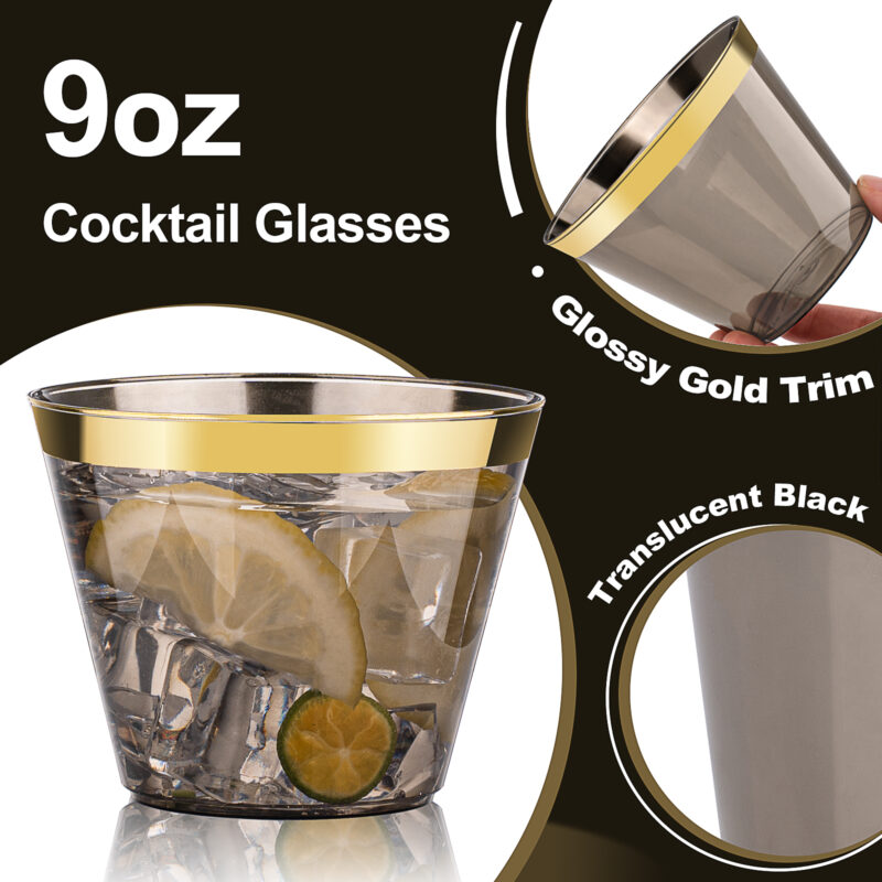 9oz Black Plastic Cups with Gold Rim 2