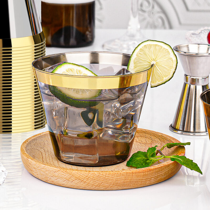 9oz Black Plastic Cups with Gold Rim 4