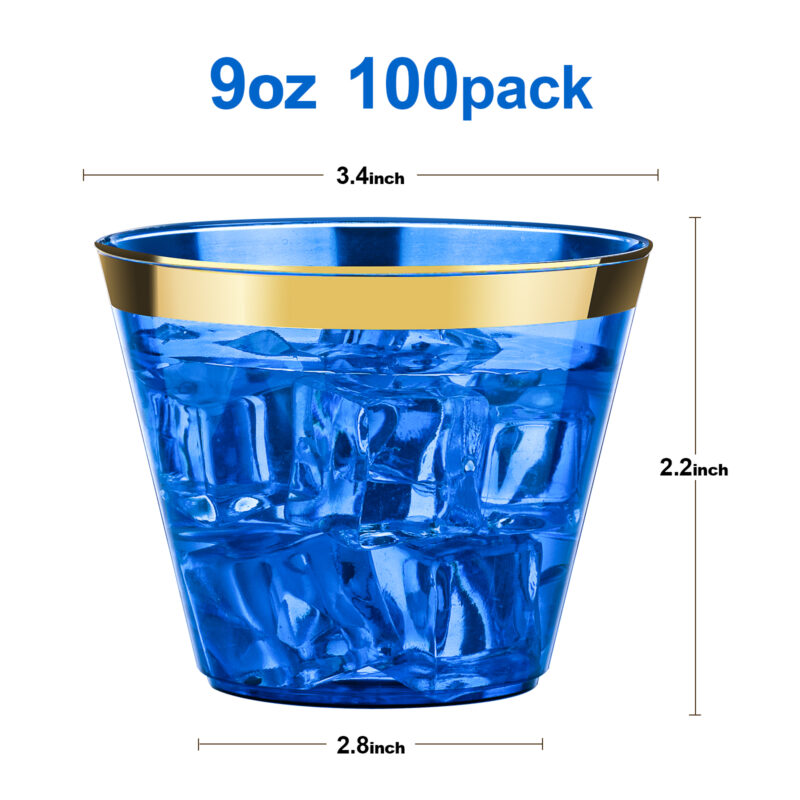 9oz Blue Plastic Cups with Gold Rim 1