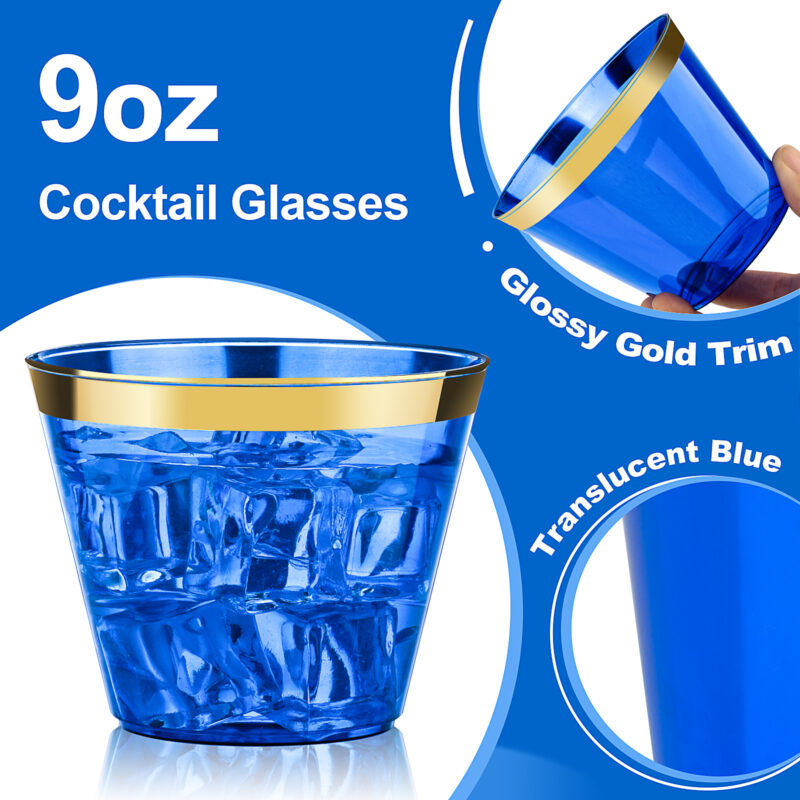 9oz Blue Plastic Cups with Gold Rim 2