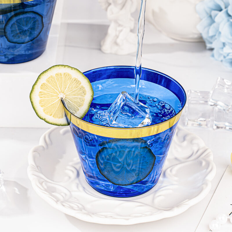 9oz Blue Plastic Cups with Gold Rim - Image 4