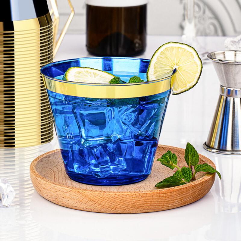 9oz Blue Plastic Cups with Gold Rim 4