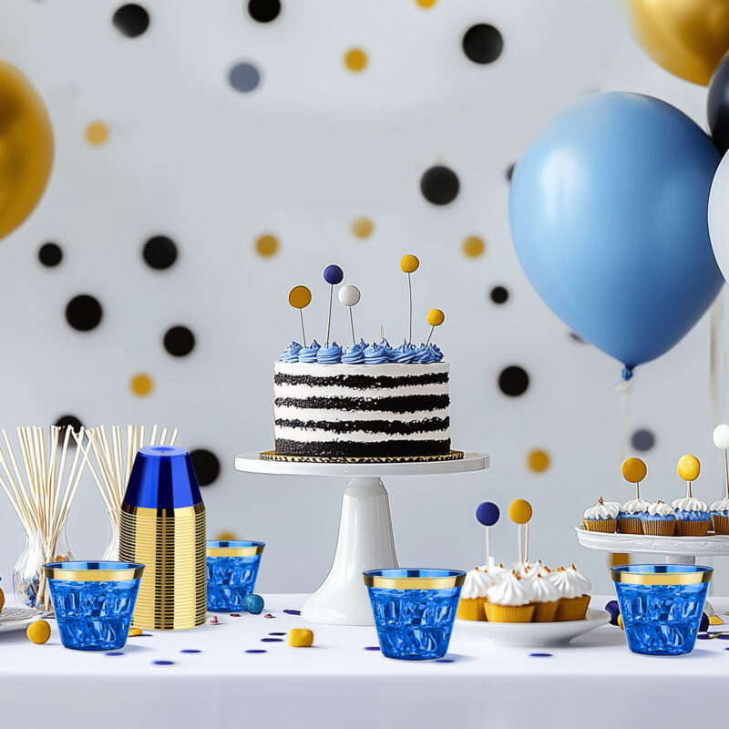 9oz Blue Plastic Cups with Gold Rim 6